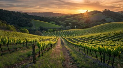 Fototapeta premium A stunning image captures the lush green vineyard rows stretching over rolling hills at sunset, with the sun casting a warm glow and creating a serene, peaceful atmosphere.