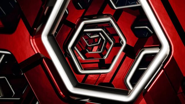 abstract 3d hexagon tunnel red black and white seamless loop background