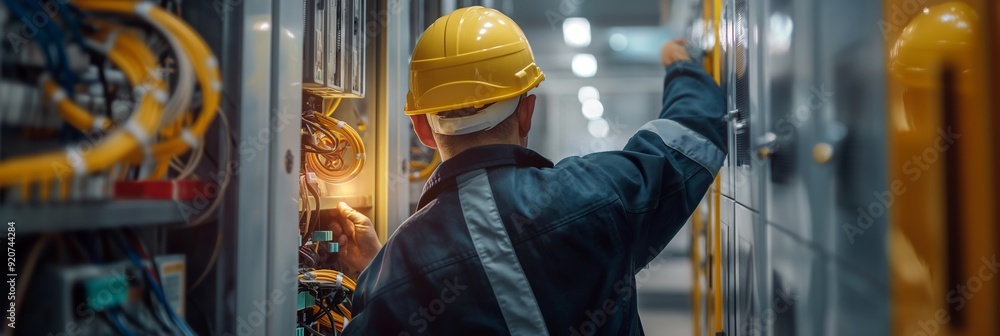 Poster a skilled technician works on an electrical system, ensuring all wiring and connections are properly
