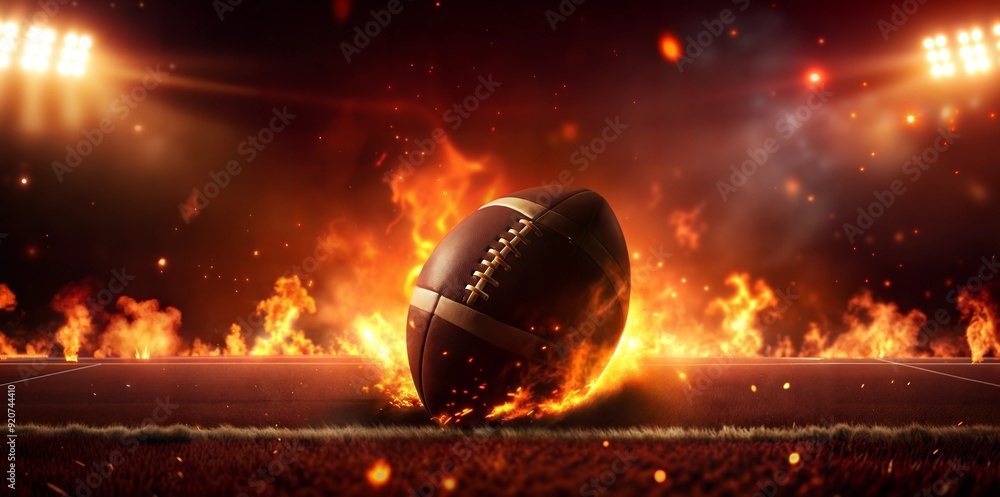 Wall mural american football sport banner engulfed in flames on field depicting intense sports action concept