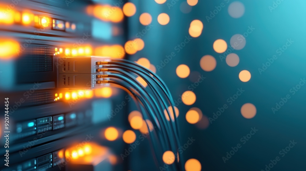 Poster a server rack in a data center, with glowing lights and cables connecting multiple servers.