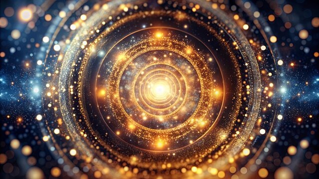Close-up of concentric circular patterns with sparkling particles creating a microcosmic effect , concentric
