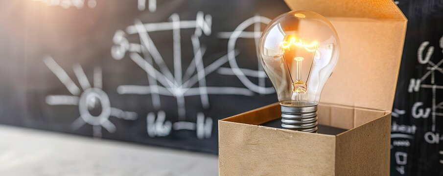 Lightbulb glowing inside a cardboard box, against a blurry background of a chalkboard with math equations. Conceptual image for ideas, innovation, or problem solving.