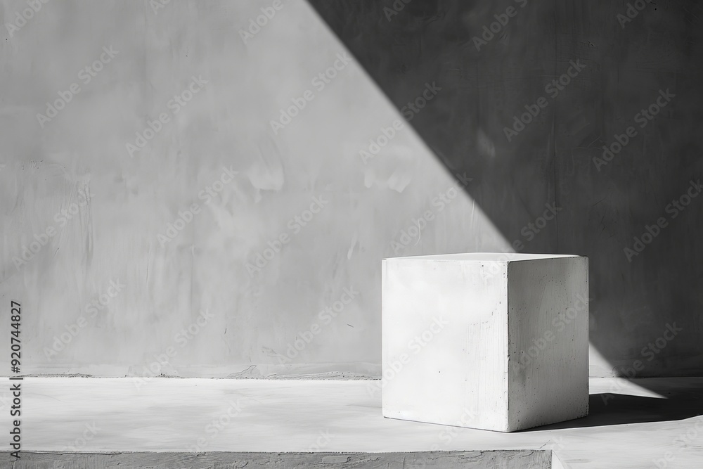 Poster a white cube placed against a gray background is illuminated by light and shadow interplay, emphasiz