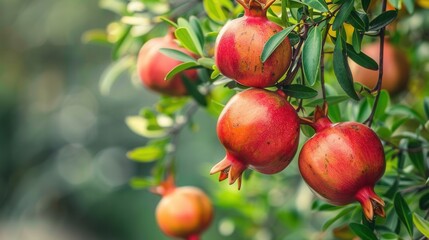 Fresh pomegranate fruit in plantation farm closeup view