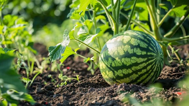 A watermelon resting in the soil
