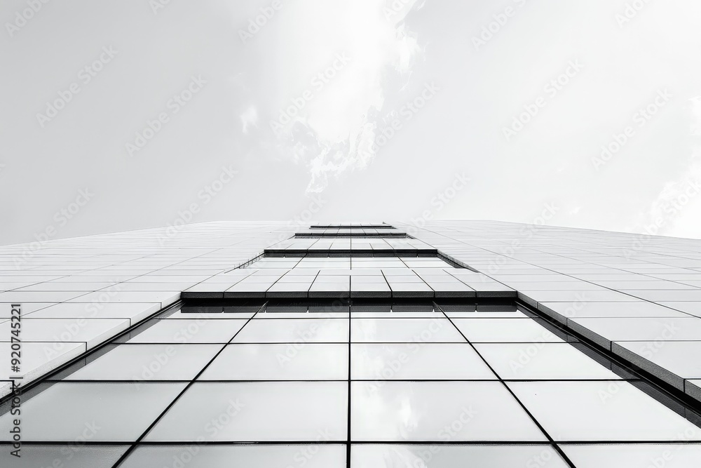 Poster a minimalist shot capturing an upward perspective of a modern glass building reaching towards a clea