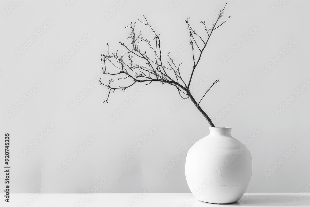 Poster a sophisticated, minimalistic composition showcasing a bare branch delicately placed in a simple whi
