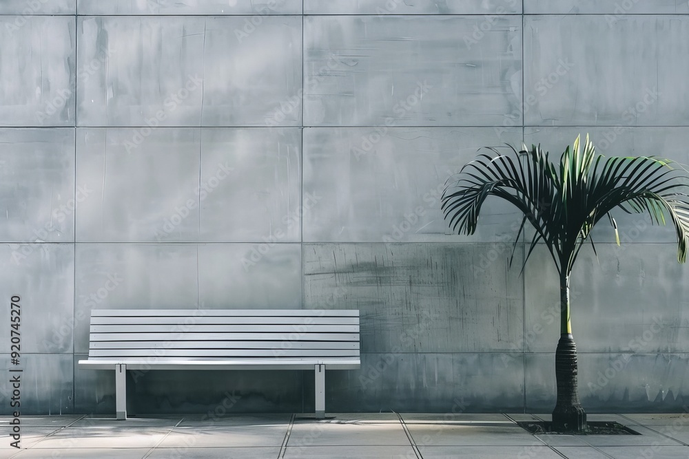 Aufkleber a sleek modern bench paired with a single palm tree set against a grey wall, blending urban design w
