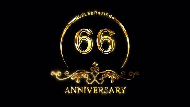 66th Anniversary Celebration. Happy 66 Years Anniversary Animation in Gold Color on the Transparent Background, Alpha Channel. Great for greetings, celebrations, events, and gifts.