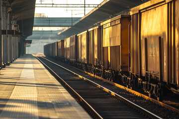 Obraz premium Train terminal with sunset view, Cargo train on railway.