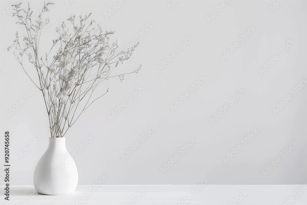 Poster a clean and minimalistic image depicting a white vase holding delicate, dry branches against a tranq