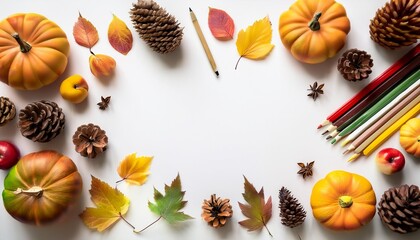 Obraz premium Autumn School Essentials- top-down layout with school supplies, autumn leaves, pumpkins, pencils on white wooden background Graphic art illustration mock up
