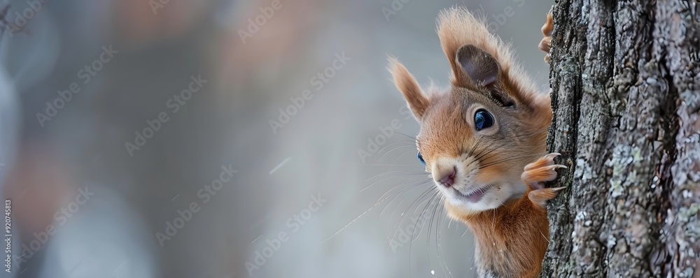 Poster a curious red squirrel peeking from behind a tree trunk