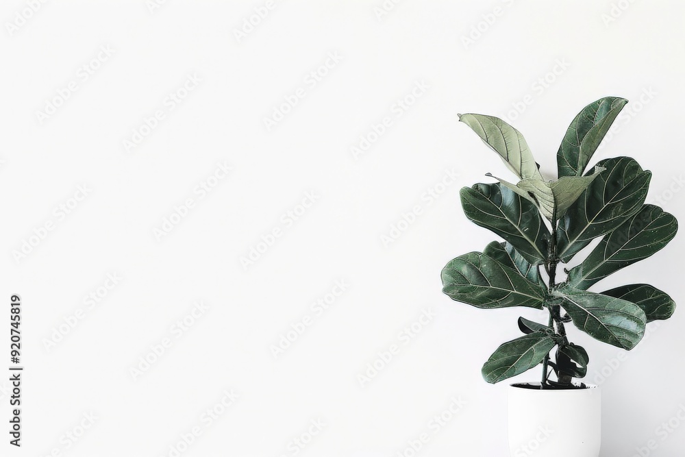Poster a modern image featuring a fiddle-leaf fig plant in a white pot, placed against a minimalist and bri