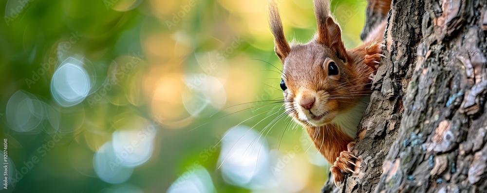 Poster red squirrel peeking from behind a tree trunk