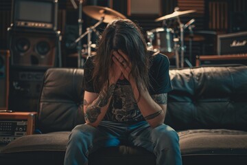 Obraz premium A tattooed man with long hair, wearing a casual outfit, is seated on a couch in a music studio filled with instruments, holding his head in distress or frustration.