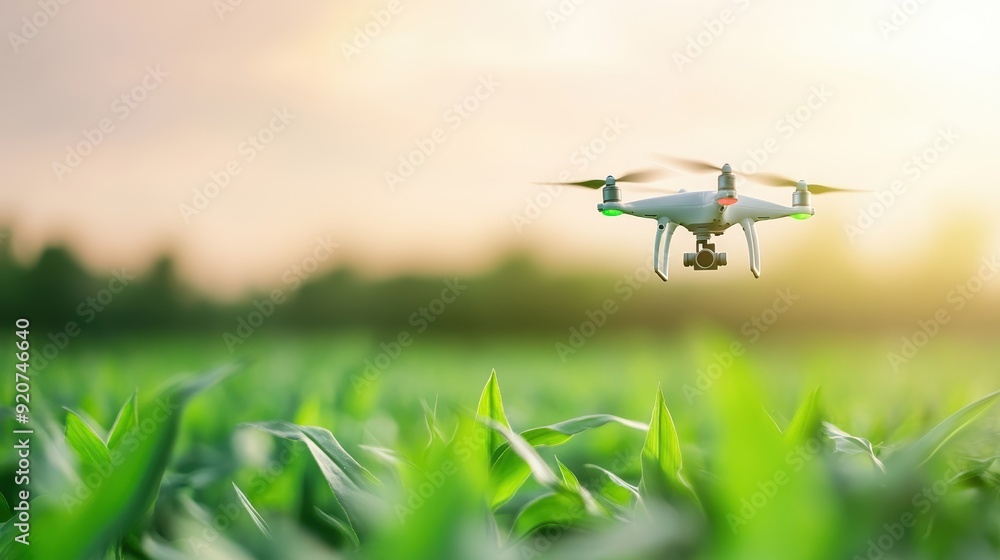 Poster a farmer using a drone to inspect crops, showcasing the use of technology for efficient crop monitor