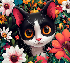 Black cat and flowers illustration