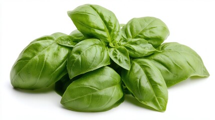 Vibrant Bunch of Fresh Basil Leaves on White Background - Culinary Ingredient Inspiration!