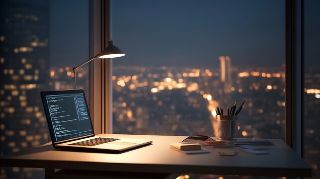 Nighttime City Skyline Visible Through Window of Busy Modern Office Workspace