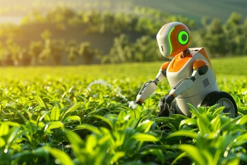 A battery-powered electric lawnmower drives across the field and cuts the grass.. Beautiful simple AI generated image in 4K, unique.