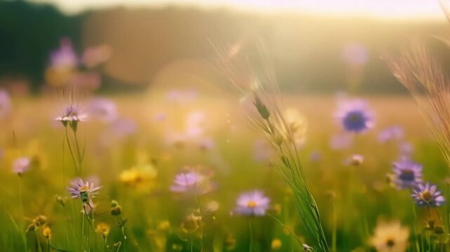A panoramic view of a vibrant meadow with tall blades of grass and pops of vibrant wildflowers. Light leaks bokeh