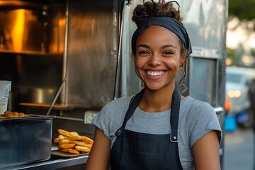 smiling female food truck sales woman