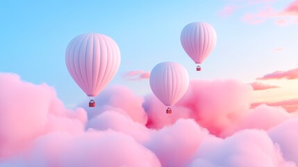 Dreamy hot air balloons, pastel skies, cotton candy clouds, tranquil flight, early morning light, ethereal atmosphere