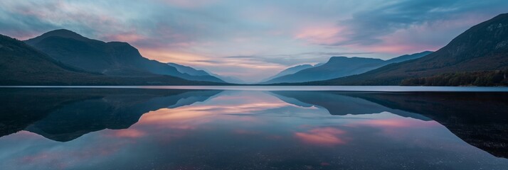 A serene lake at dusk, perfectly still water reflecting the gradients of a beautiful sunset with mountains in the background.