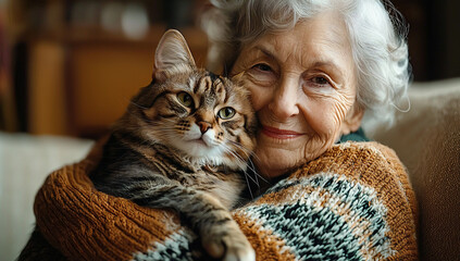Smiling elderly woman cradles fluffy feline friend, gentle eyes mirroring pure love.