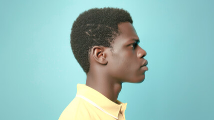 Obraz premium Portrait of a guy in profile on a blue background 