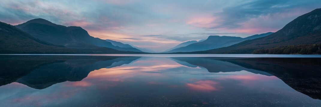 A serene lake at dusk, perfectly still water reflecting the gradients of a beautiful sunset with mountains in the background.