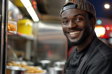 smiling male food truck salesman