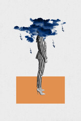 Vertical photo collage of young girl wear striped suit instead head cloud depression concept bad...