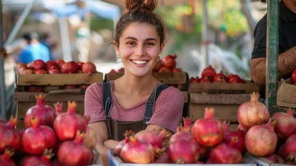 Fototapeta premium A smiling female farmer with fresh pomegranate fruit in store