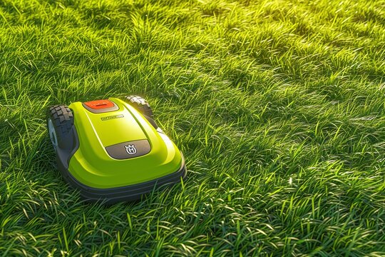 Aerial shot - Directly above electric lawn mower mowing grass, moving up and down the lawn. Beautiful simple AI generated image in 4K, unique.