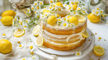 Beautiful cake decorated with lemons and daisies
