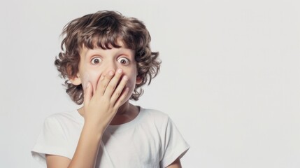 Boy with a surprised expression covering his mouth with his hand
