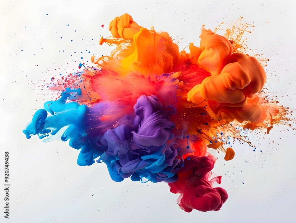 Poster colorful explosion of paint swirling in the air, creating abstract patterns on a white background