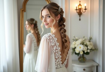 Candid Photo of Bride with Braided Hair in White Room