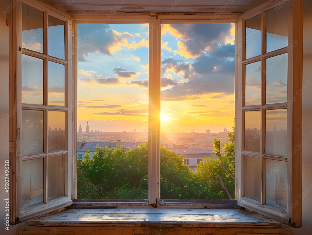 Poster sunset view from an open window overlooking a city landscape with trees
