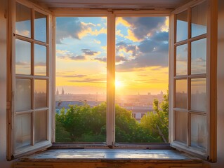Sunset view from an open window overlooking a city landscape with trees