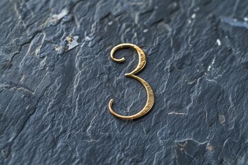 An elegant gold numeral 3 is showcased on a textured slate surface, perfect for various design projects