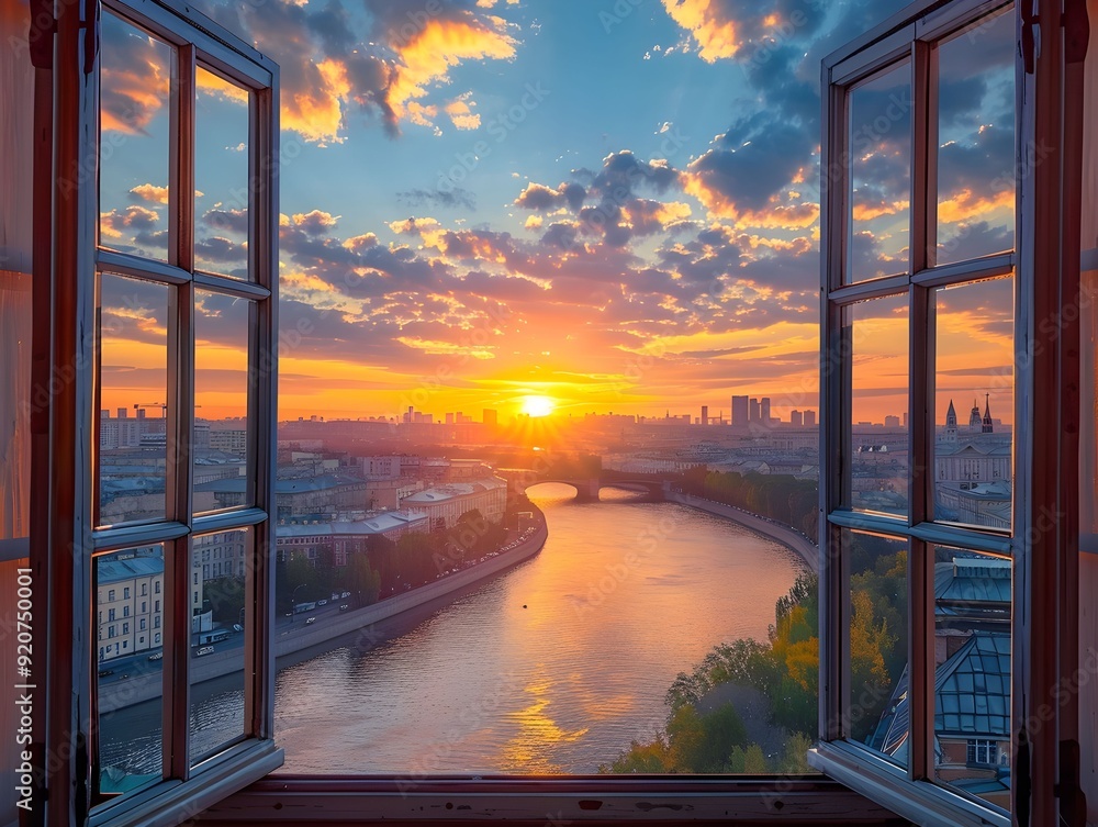 Poster sunset view over the river from an open window in a city
