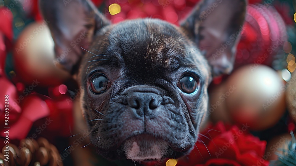 Wall mural french bulldog puppy surrounded by christmas decorations