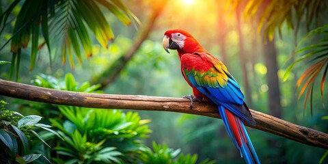 Obraz premium Colorful macaw perching on branch in tropical rainforest, macaw, colorful, bird, tropical, rainforest, vibrant, wildlife