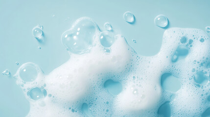"Light blue facial cleanser with a gradual color change, featuring floating white foam and transparent bubbles."