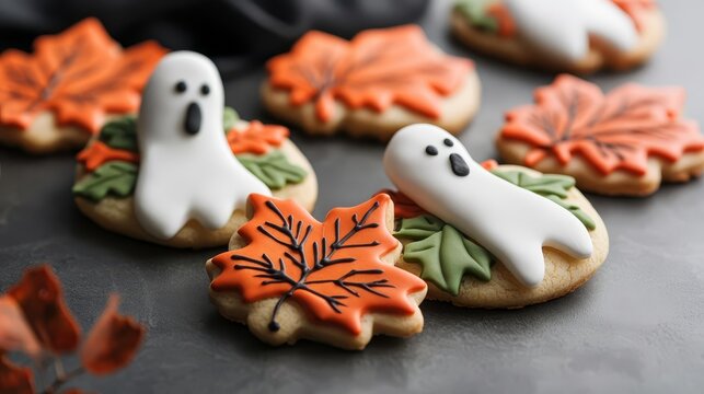 Closeup of Halloween-themed Thanksgiving cookies shaped like leaves and ghosts, festive and playful
