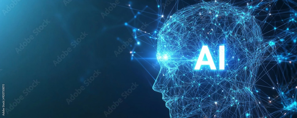 Poster digital human head with ai text on blue background representing artificial intelligence and technolo